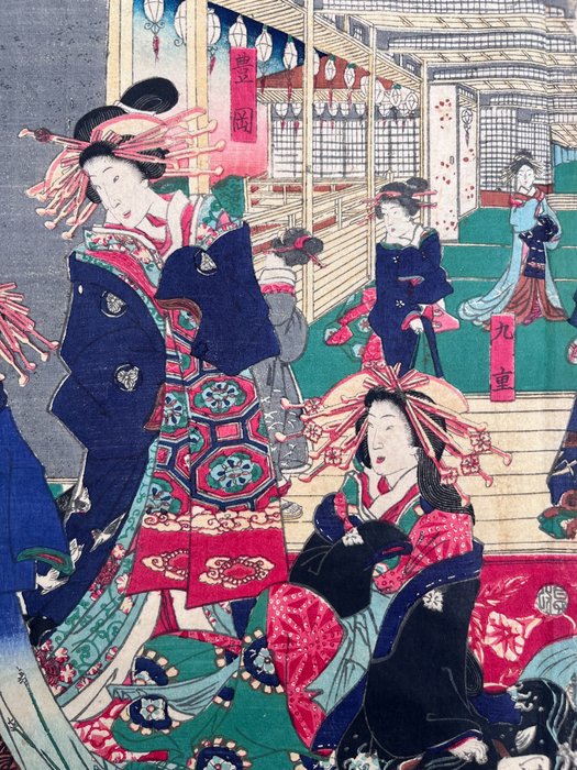 Illustration of the Hiraizumi House of Pleasure in New Yoshiwara 新よしわら平泉楼ノ図 - 1869 - Ochiai Yoshiiku 落合芳幾 (1833-1904) - Japan -  Meiji-periode (1868 – 1912)
