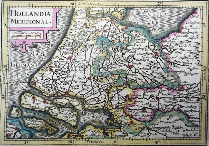 荷兰, 地图 - 南荷兰、乌得勒支、贝图韦、北荷兰......; Bertius / Hondius - Hollandia Meridional - Description de Hollande Australe.... - 1601-1620