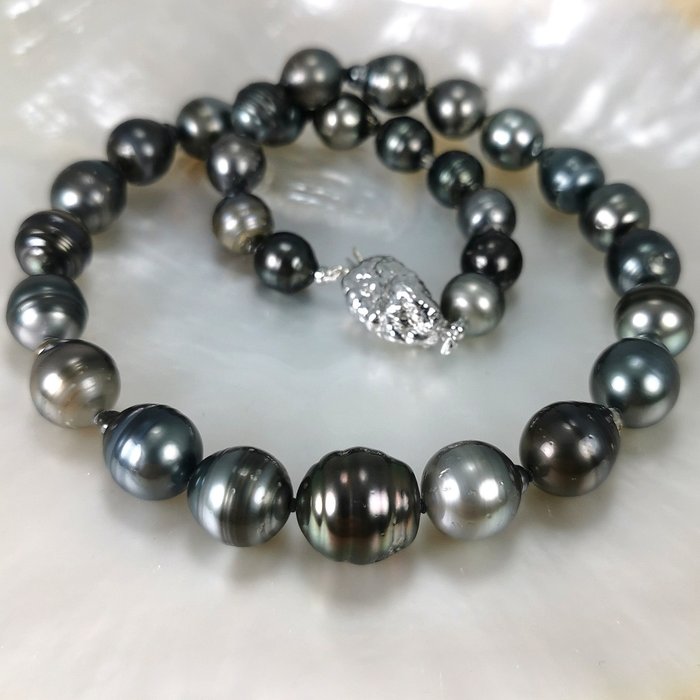 Big Rainbow Tahitian pearls BQ Ø 10,5x14,9 mm necklace - Halskette Silber Perle 