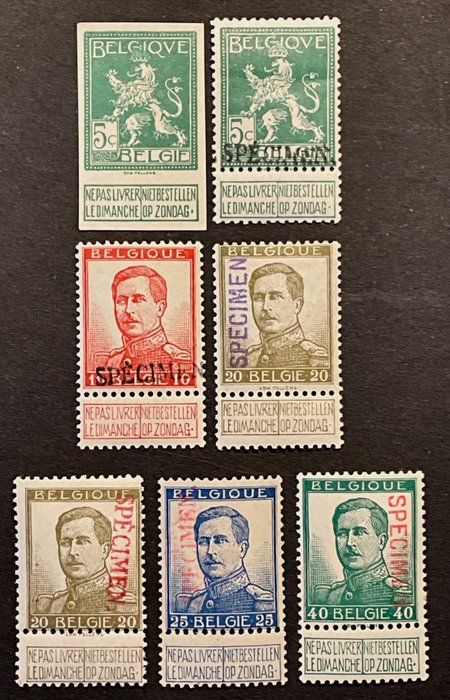 Belgien 1912 - Ausgabe Pellens - Auswahl von Briefmarken mit Aufdruck SPECIMEN + IMPERFORATED - ex. OBP 108/122