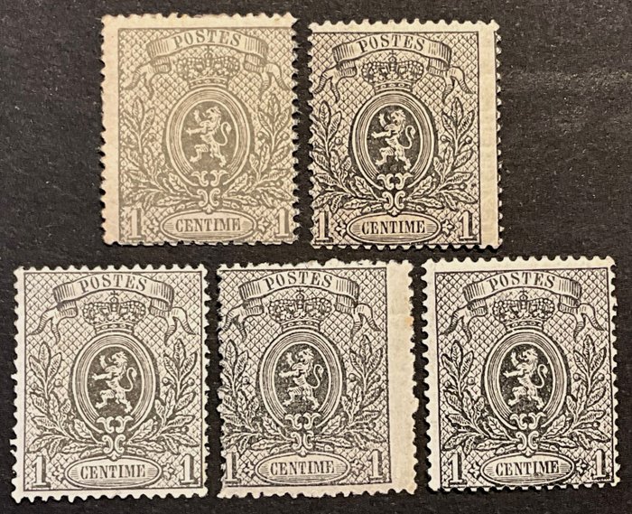 Belgien 1866/1867 - Little Lion – 1c Grey – in 5 verschiedenen Nuancen - OBP 23A