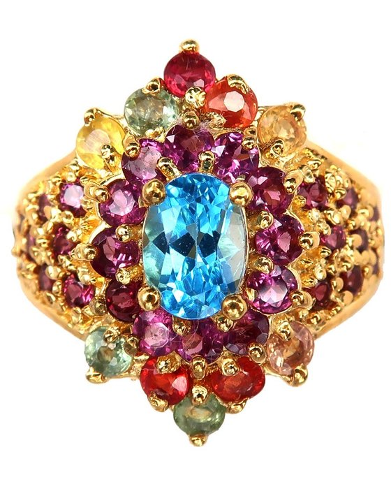 蓝宝石 - 银, 尊贵戒指 - 宁静、智慧和清晰的头脑 - 蓝色托帕石、石榴石 - 戒指
