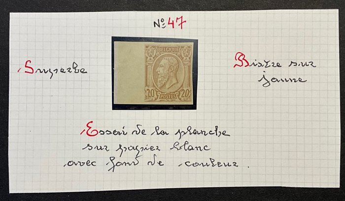 Bélgica 1884 - Perfil Leopold II à esquerda - 20c - Prova do desenho adotado - Com borda aveludada - OBP 47