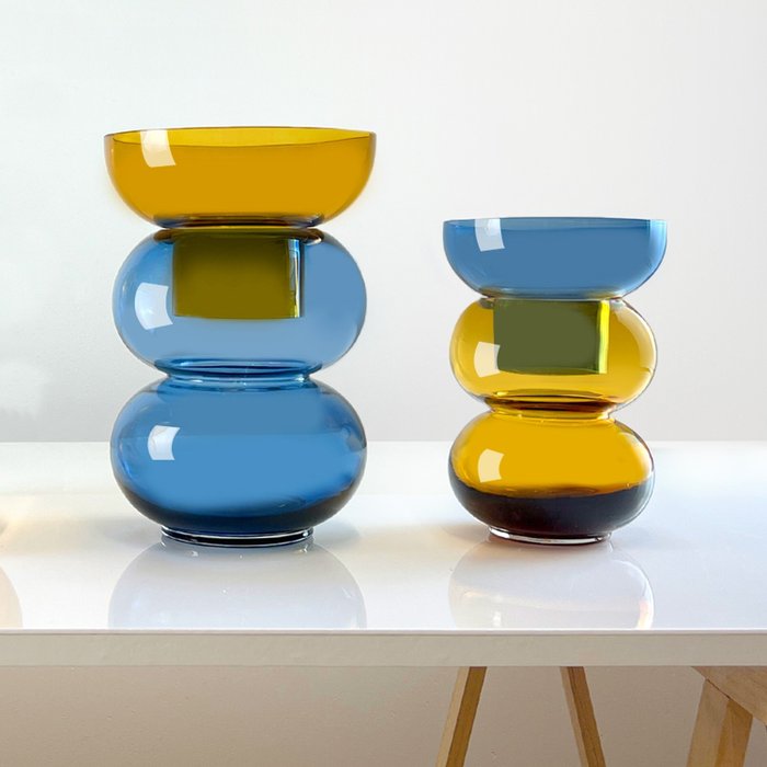 Cloudnola - Vase (2) -  2er-Set – Cloudnola Supreme Bubble Vasen in den Farben Blau Groß und Gelb Mittel – Handgefertigt und  - Glas