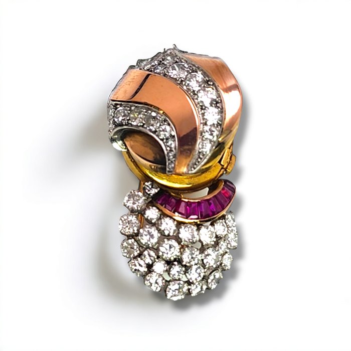 Meyer George - Spilla Spilla per orologio Art Déco in oro 18 carati con diamanti e rubini, Francia circa 1920 