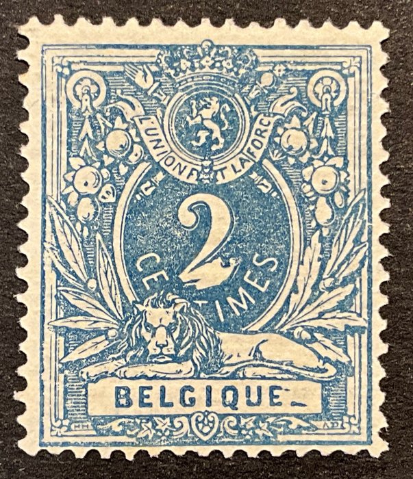 Belgia 1869/1883 - Leul culcat 2c albastru ALBASTRU DE PRUSSIE - Curiosity "Distorted 2" - OBP 27b-Cu