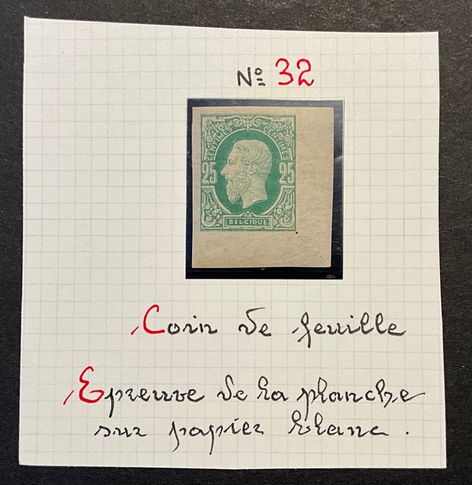 Belgia 1869/1883 - Leopold II - 20 centymów - Dowód przyjętego wzoru w kolorze zielonym - OBP 32 - Stes