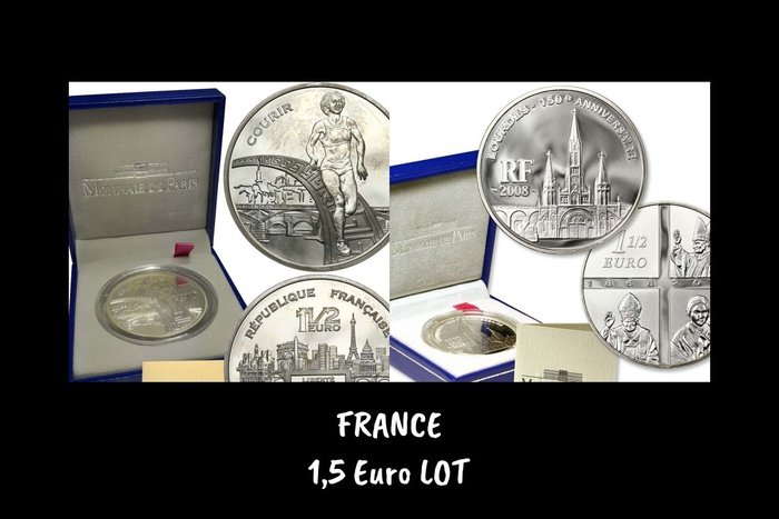 France. 1 1/2 Euro 2003/2008 "Paris- Courir " + "Lourdes" (2 monete) Proof