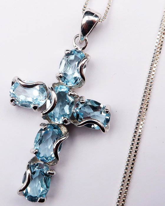 黄宝石 - 银, 精美的纯银十字架及其链条 - 蓝色托帕石 - 创造力和灵感 - 项链