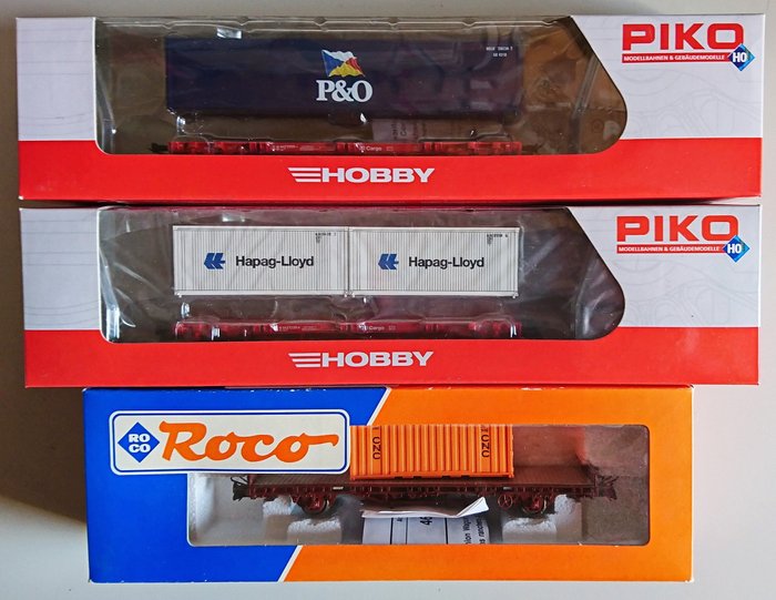 Piko, Roco H0 - 57700, 57795, 46322 - Modellbahn-Güterwagen (3) - verschiedene Containerwagen - DB Cargo, SNCF