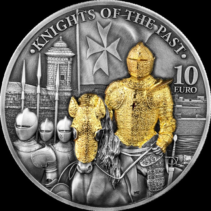 Málta. 10 Euro 2023 Knights of the Past - Antik Finish High Relief, 2 Oz (.999)