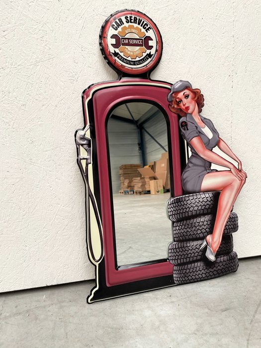 Pin Up Girl - Tin sign - Mirror- 80 cm - Spejl (1)  - Glas, Jern (smedet), Træ