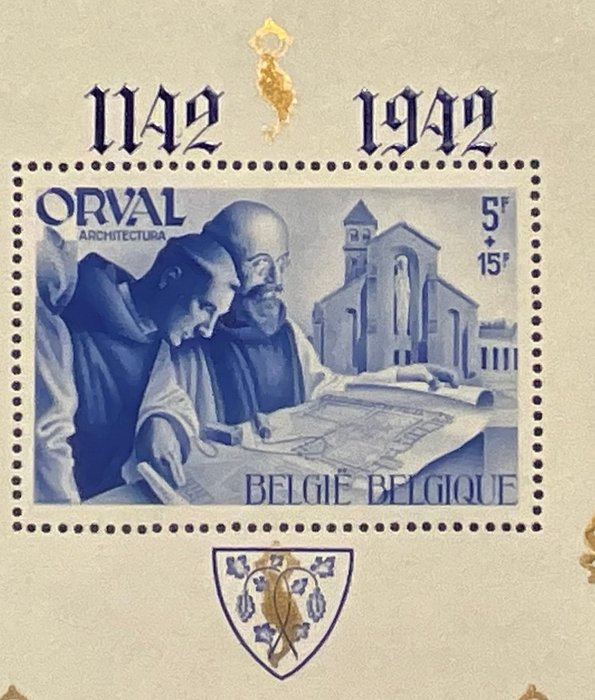 Bélgica 1942 - Bloco Orval com CURIOSIDADE: "Impressão incorreta: Azul gótico em vez de impressão vermelha em bloco - OBP BL24-Cu