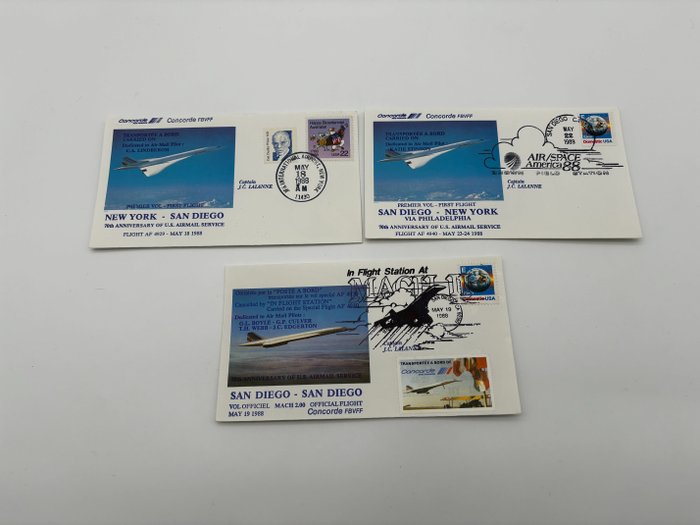 Air France - 航空公司和機場紀念品 - 協和式飛機首飛第一天的三個信封套裝 - 1980-1990