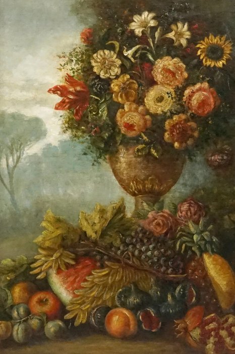 Scuola italiana (XIX) - Natura morta con vaso di fiori, frutta e paesaggio