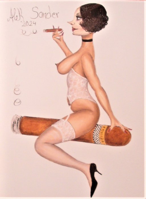 Alek Sander (XX-XXI) - Alek Sander Madame Cohiba im Neglige auf einer Zigarre Oil on canvas