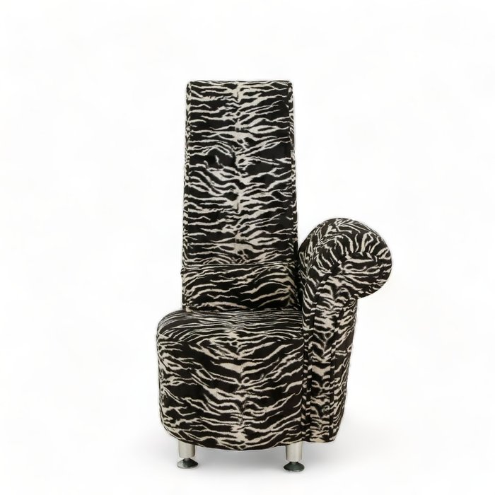 扶手椅 - 木, 金屬, 軟墊採用模擬動物皮膚的白色和黑色織物