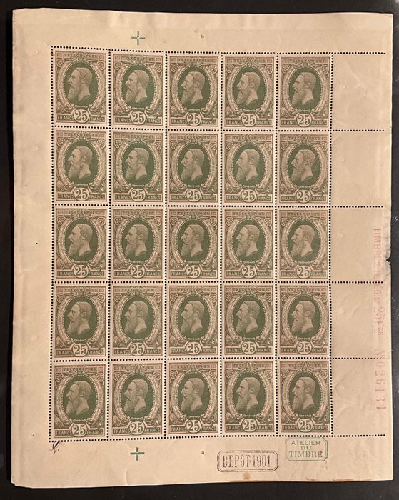 Belgien 1889 - Telegraphenmarke Leopold I. 10 Fr. – Donkerreseda – POSTFRISCH im GANZEN BLATT - OBP TG10