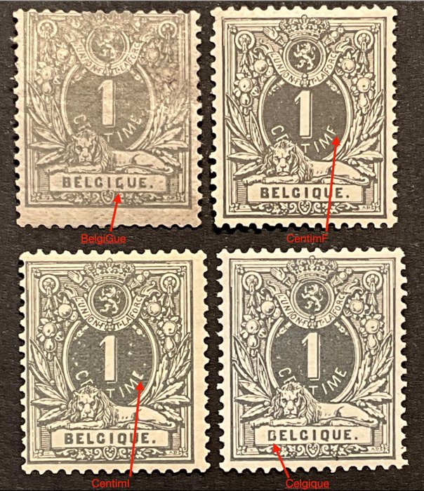 比利時 1884/1888 - 價值編號 1c - 4 品種的臥獅郵票 - OBP 43