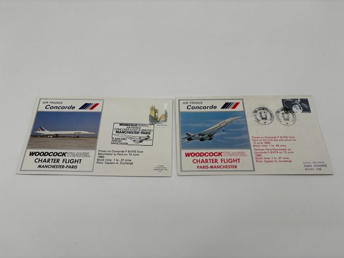 Air France - 航空公司和机场纪念品 - 法国协和航空 - 巴黎/曼彻斯特航班第一天飞行的两个信封一套 - 1980-1990
