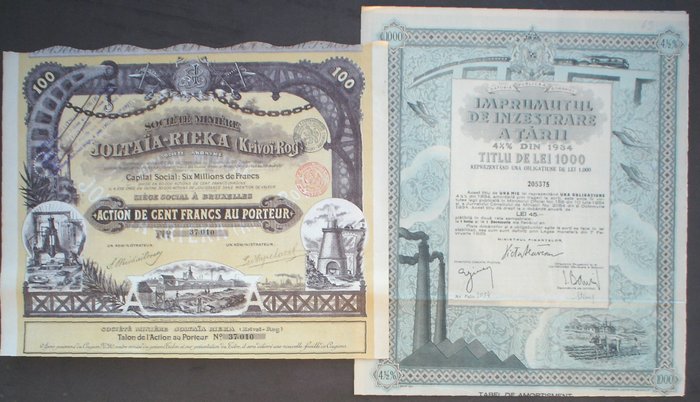 债券或股票收藏 - Ssoc. Minere Joalta Rieka 100 Francs 1899 + Imprumutul De Inzestrare A Tari, 1934