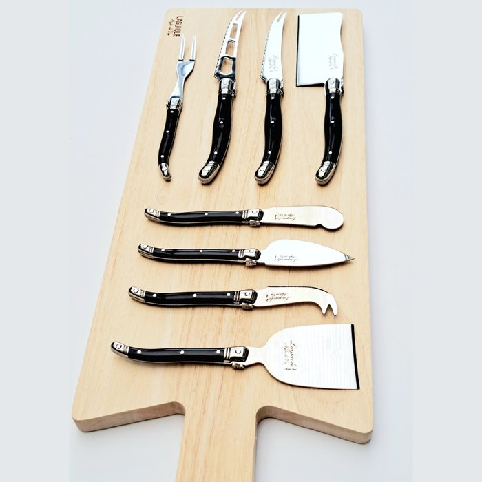 Laguiole - 8x Cheese knives - Wood Serving Board - Black - style de - Tafelmessenset (9) - Staal (roestvrij)