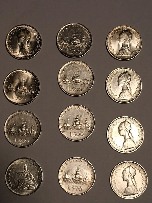 Italien, italienska republiken. 500 Lire argento (12 monete)  (Utan reservationspris)
