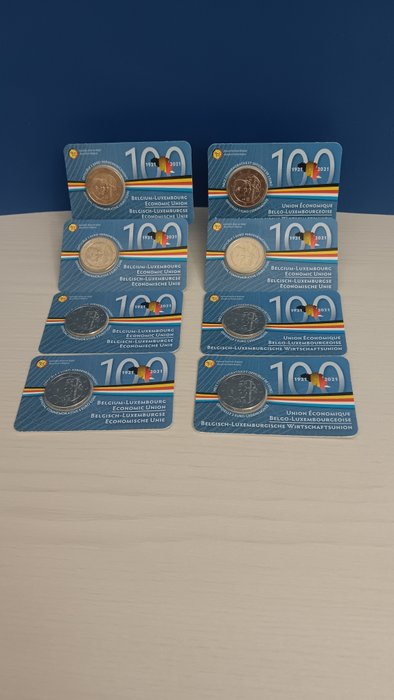 Belgien. 2 Euro 2021 ""Belgium - Luxembourg" (8 coincards)  (Ohne Mindestpreis)