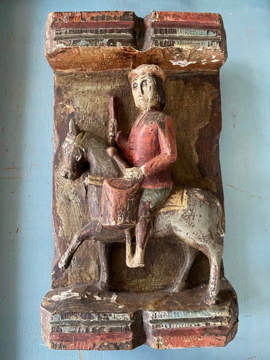 Sculptură, Trommelspeler op paard - 37.5 cm - Lemn