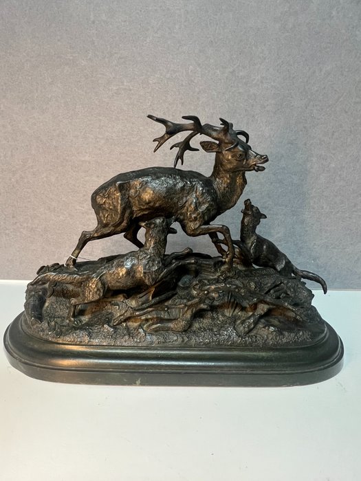 Alexandre Léonard (1821-1877) - 雕刻, l'attaque du cerf par des loups (rare modèle) - Largeur 37 - 25 cm - 青銅色 - 1860