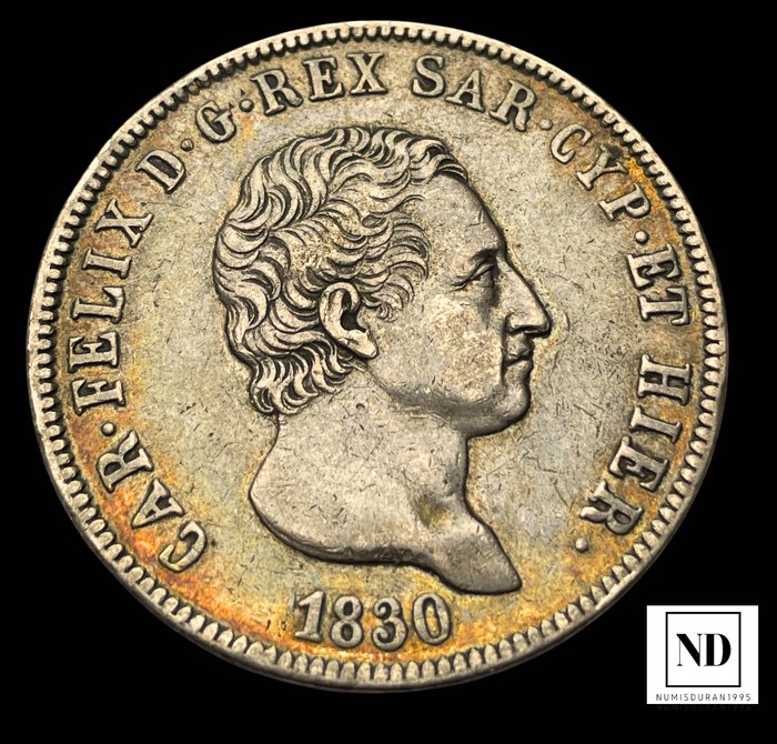 Olaszország, Szardíniai Királyság. Carlo Felice di Savoia (1821-1831). 5 Lire 1830