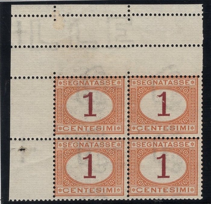 Kungariket Italien 1870 - Porto betalas 1 cent. | Mörkviolett siffra | ADF quatrain | Sällsynthet. Cert Cilio och Borgogno - Sassone n. 3/I