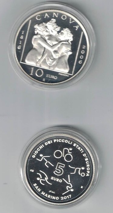 聖馬力諾. 5 Euro / 10 Euro 2006/2017 "Giochi dei Piccoli Statio d'Europa" + "Antonio Canova" (2 monete) Proof