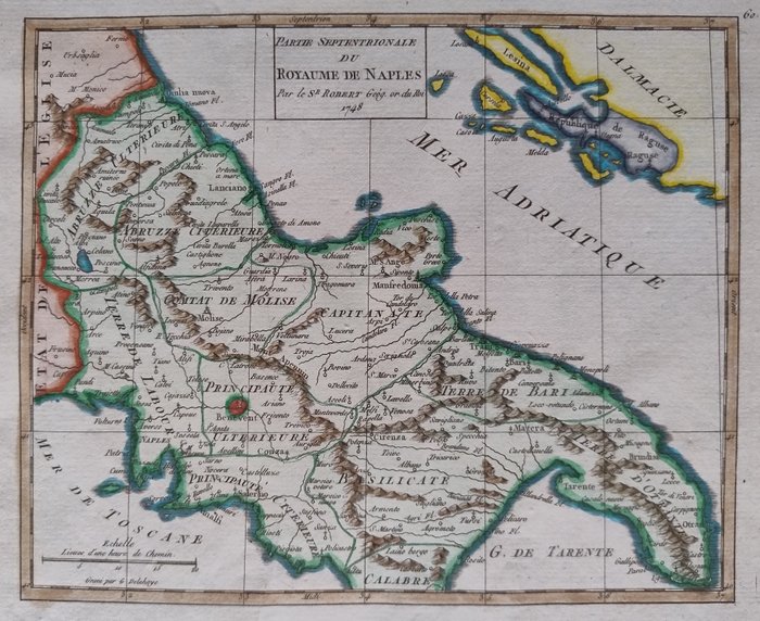 Europe, Map - Italy / Campania / Puglia / Basilicata / Molise; Robert de Vaugondy - Partie MSeptentrionale du Royaume de Naples - 1721-1750