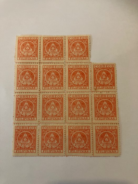 Philippinen 1898/1899 - Stempel der revolutionären Regierung. Block mit 15 Briefmarken. - Edifil 4