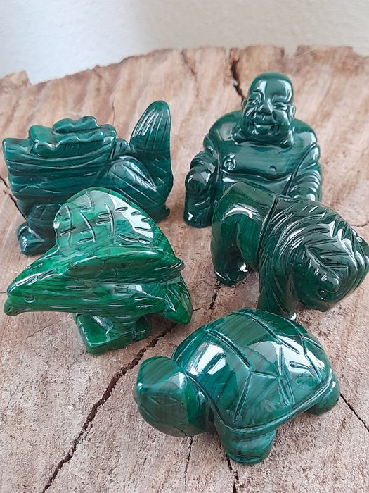 Figuriini -  (5) - Lohikäärme, kilpikonna, puhveli, petolintu, Buddha - kivi