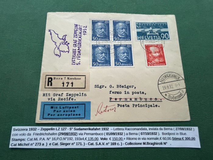 Ganzsache - Zeppelinflug 5. Südamerikafahrt 1932. Eingeschriebener Briefumschlag.