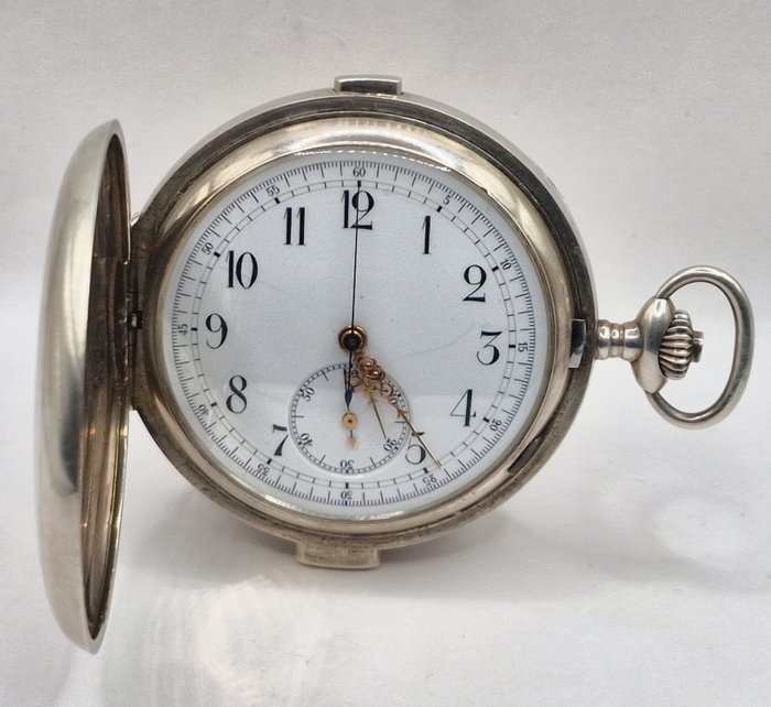 Gustav Rau Pforzheim - Schwere 0,900 Silber Taschenuhr - Savonette - Chronograph - Viertelrepetition - Sveits rundt 1900