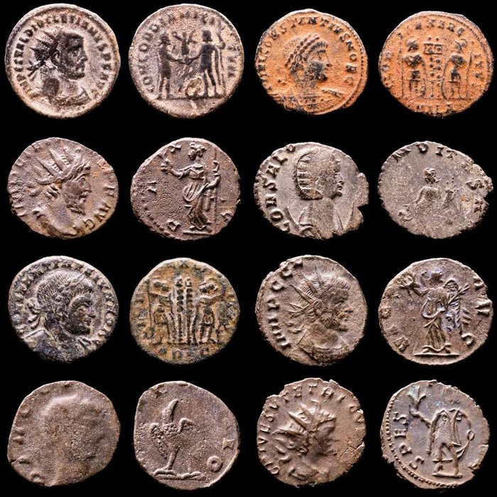 罗马帝国. Lot comprising eight (8) AE coins:  Antoninianus, Follis, Maiorinas. Antoninianus, Follis, Maiorinas. Diocletian, Constantius II, Salonina, Tetricus II, Claudius II (2), Constantine I & Victorinus  (没有保留价)