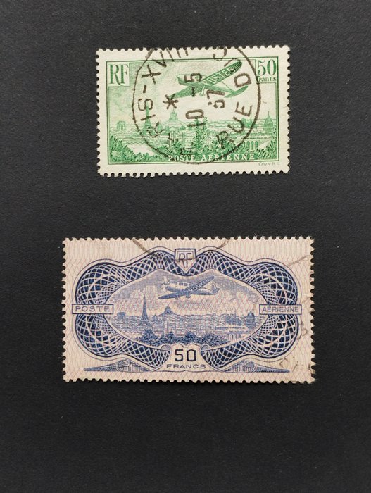 Frankreich 1936 - Luftpost 50 f. dunkelgrün und 50 f. burélé - Yvert PA N° 14b et 15 - Superbes dont signé