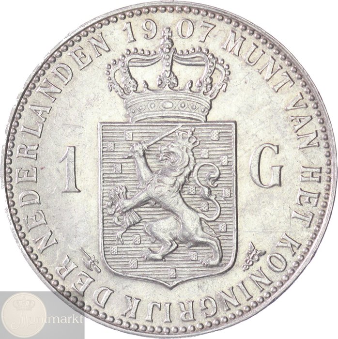 荷兰. Wilhelmina. 1 Gulden 1907 KWALITEIT  (没有保留价)