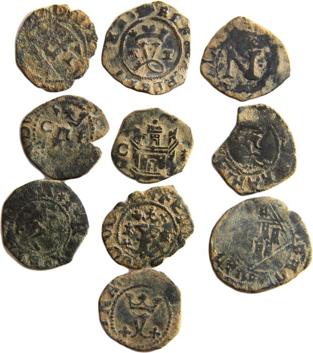 卡斯蒂利亞王國. 天主教雙王. Lote de 10 Moneda medievales entre las que destacan algunas blancas de los Reyes Católicos  (沒有保留價)