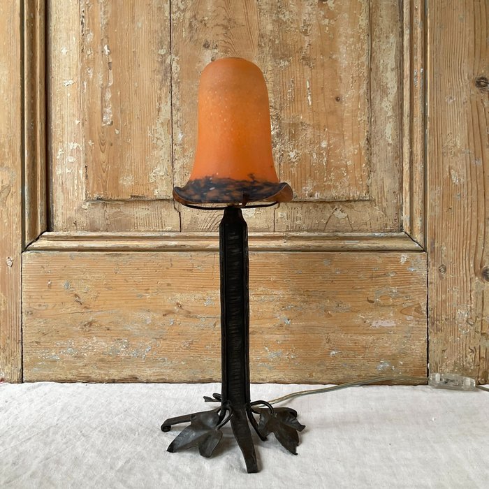 Bordlampe - Art Deco skrivebordslampe - Jern (smedet), Pâte de verre