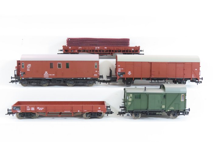 Fleischmann H0 - 5300K/5258K5262K/5939K/5395 01K - Vagón de tren de mercancías a escala (5) - 3 vagones de mercancías de dos ejes y 2 de cuatro ejes - DB