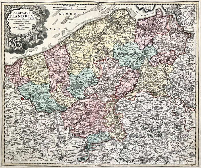 Europa, Kart - Belgia / Flandern; J.B. Homann - Comitatus Flandriae in omnes ejusdem subjacentes Ditioes cum adjacentibus accuratissime divisus ... - 1701-1720