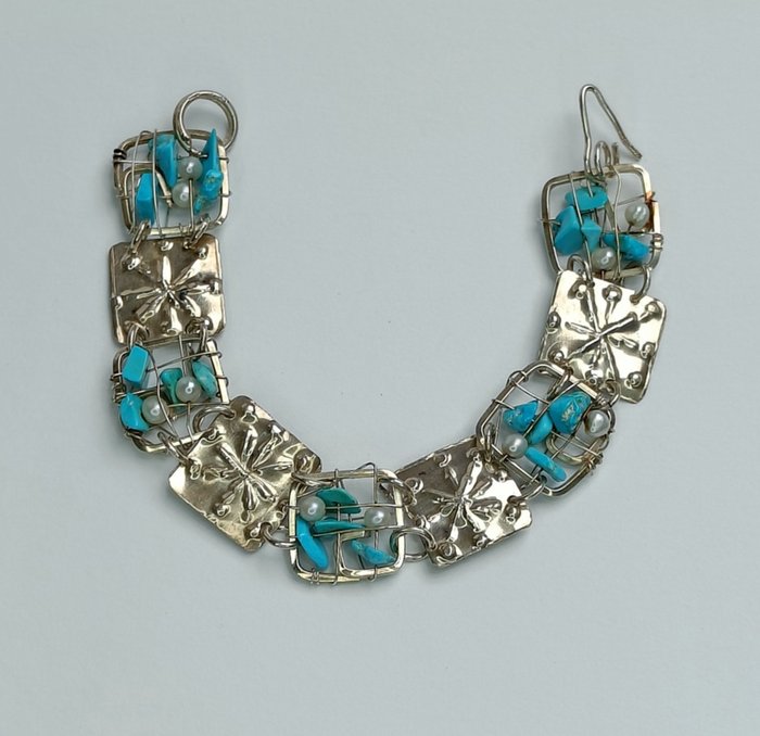 Fără preț de rezervă - Brățară Argint 925 - Turcoaz - perle Turcoaz 