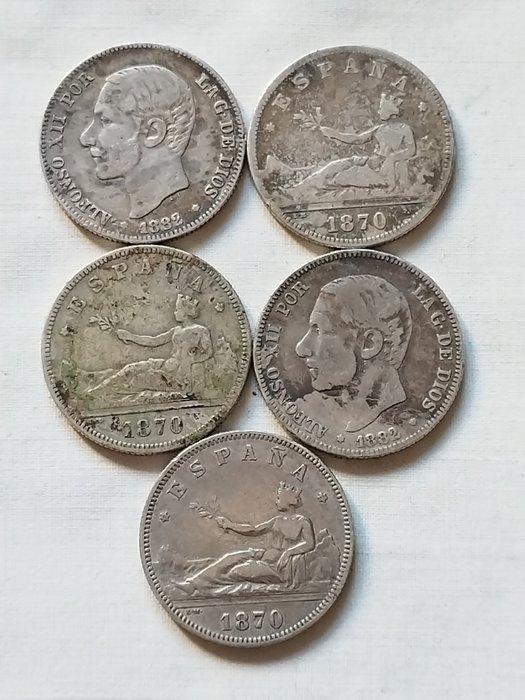 Spanje. Gobierno Provisional / Alfonso XII. 2 Pesetas 1870 y 1882 (5 monedas)  (Zonder Minimumprijs)