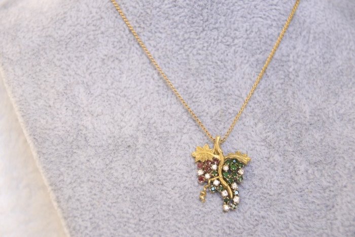 Halsband med hänge 7,88 g - 18 karat gult guld Diamant  (Natural) - Smaragd 