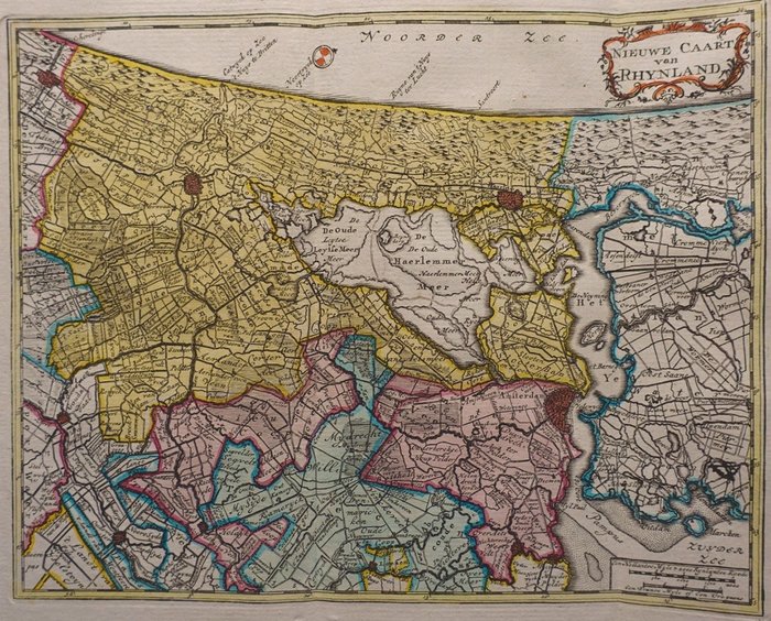 Paesi Bassi, Mappa - Amsterdam, Leida, Haarlem; H de Leth - Nieuwe Caart van Rhynland - 1740
