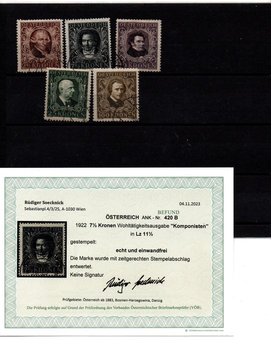 Austria 1924/1924 - Kompozytorzy w rzadkiej perforacji 11,5 wybitej wartości maksymalnej z certyfikatem - Katalognummer 418B-424B